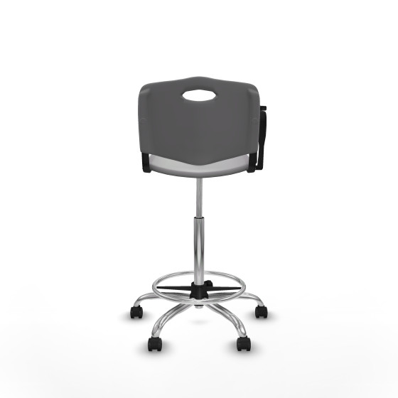 Taburete Robledo giratorio plástico gris claro brazo con pala diestros base cromada ruedas autofrenantes 50mm