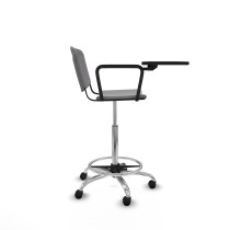 Taburete Robledo giratorio plástico gris claro brazo con pala diestros base cromada ruedas autofrenantes 50mm