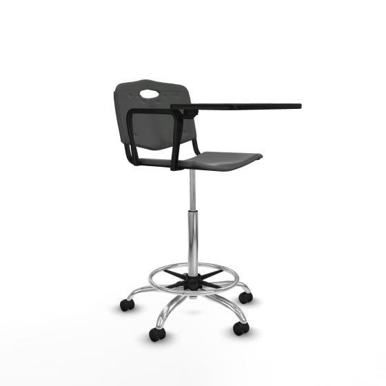 Taburete Robledo giratorio plástico gris oscuro brazo con pala diestros base cromada ruedas autofrenantes 50mm