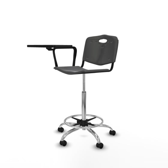 Taburete Robledo giratorio plástico gris oscuro brazo con pala diestros base cromada ruedas autofrenantes 50mm