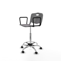 Taburete Robledo giratorio plástico gris claro brazos fijos base cromada ruedas engomadas 50mm