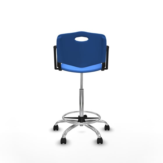 Taburete Robledo giratorio plástico azul brazos fijos base cromada ruedas nailon 50mm