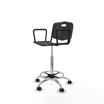 Taburete Robledo giratorio plástico negro brazos fijos base cromada ruedas nailon 50mm