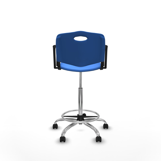 Taburete Robledo giratorio plástico azul brazos fijos base cromada ruedas engomadas 50mm