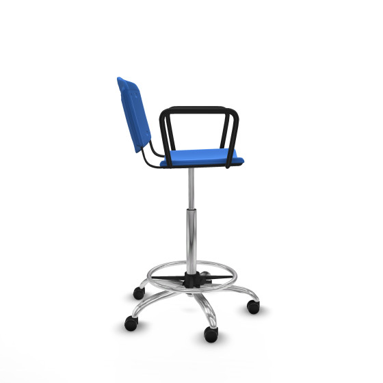 Taburete Robledo giratorio plástico azul brazos fijos base cromada ruedas engomadas 50mm
