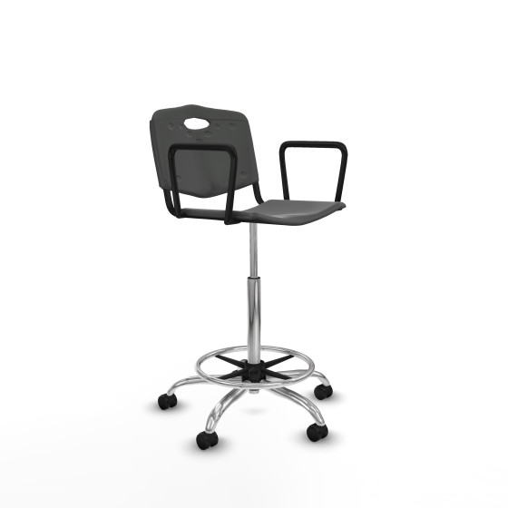 Taburete Robledo giratorio plástico gris oscuro brazos fijos base cromada ruedas engomadas 50mm