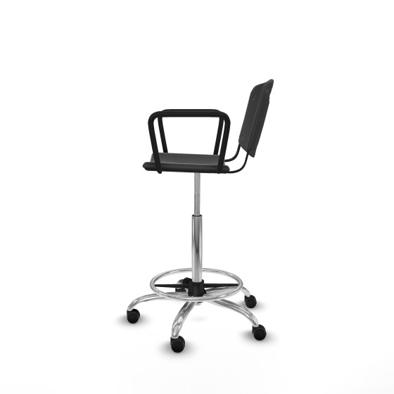 Taburete Robledo giratorio plástico negro brazos fijos base cromada ruedas engomadas 50mm