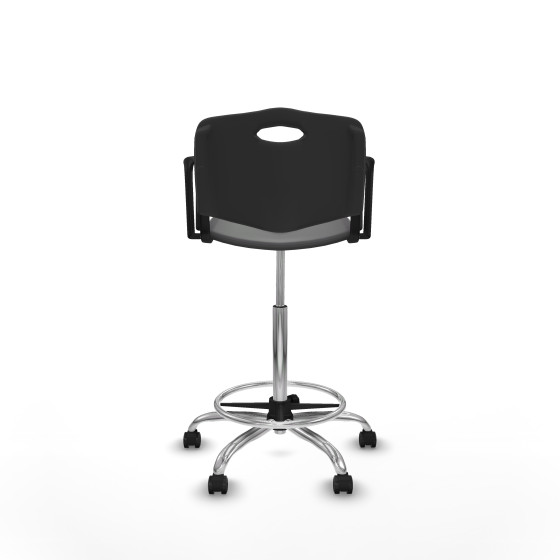 Taburete Robledo giratorio plástico negro brazos fijos base cromada ruedas engomadas 50mm