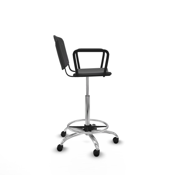 Taburete Robledo giratorio plástico negro brazos fijos base cromada ruedas engomadas 50mm