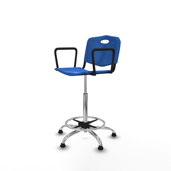 Taburete Robledo giratorio plástico azul brazos fijos base cromada topes