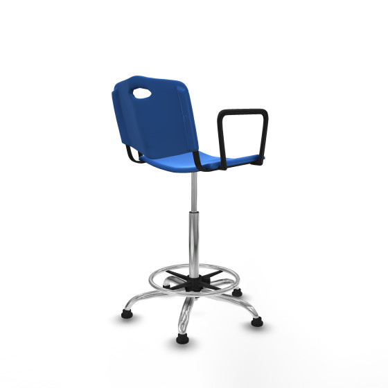 Taburete Robledo giratorio plástico azul brazos fijos base cromada topes