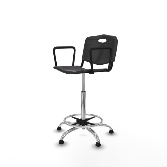 Taburete Robledo giratorio plástico negro brazos fijos base cromada topes
