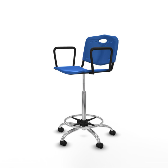 Taburete Robledo giratorio plástico azul brazos fijos base cromada ruedas autofrenantes 50mm
