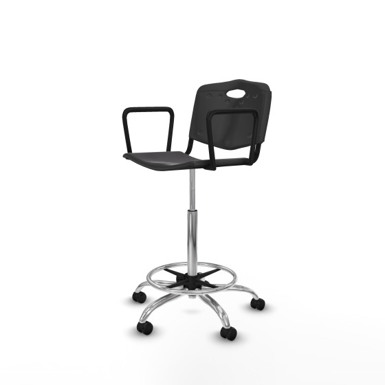 Taburete Robledo giratorio plástico negro brazos fijos base cromada ruedas autofrenantes 50mm
