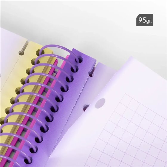 Cuaderno A4 con espiral y tapa dura, papel cuadriculado, 90 hojas de 95gr/m², colección Sunset