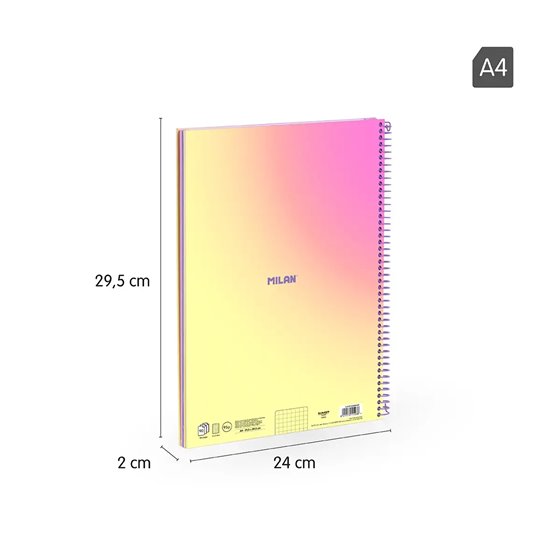 Cuaderno A4 con espiral y tapa dura, papel cuadriculado, 90 hojas de 95gr/m², colección Sunset