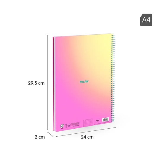 Cuaderno A4 con espiral y tapa dura, papel cuadriculado, 90 hojas de 95gr/m², colección Sunset