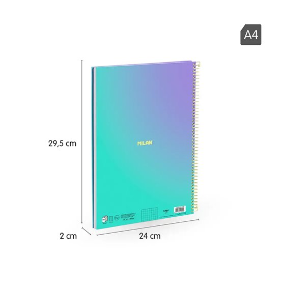 Cuaderno A4 con espiral y tapa dura, papel cuadriculado, 90 hojas de 95gr/m², colección Sunset