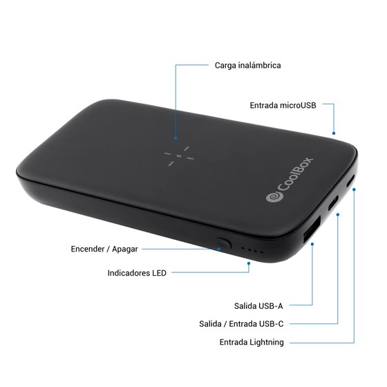 POWERBANK QI INALAMBRICO/USB-A/USB-C/MICROUSB/LIGHTING 10.000MAH NEGRO