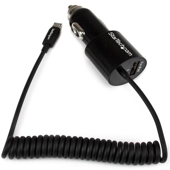 Cargador USB de 2 Puertos para Coche con Cable Micro USB y puerto USB - Negro
