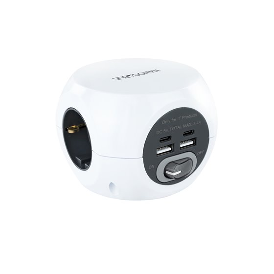 Base de 3 enchufes con 4 USB's (2 USB A + 2 USB-C), con interruptor