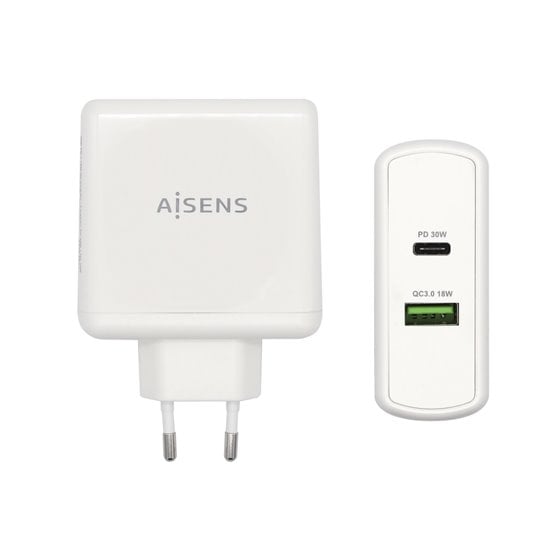 Cargador 48 W, 1x USB-C PD3.0 30 W, 1x USB-A QC3.0 18 W, Blanco