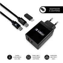 CARGADOR ULTRA RAPIDO 2xUSB DE PARED PD25W+QC3.0+Cable C to C y lightning Negro