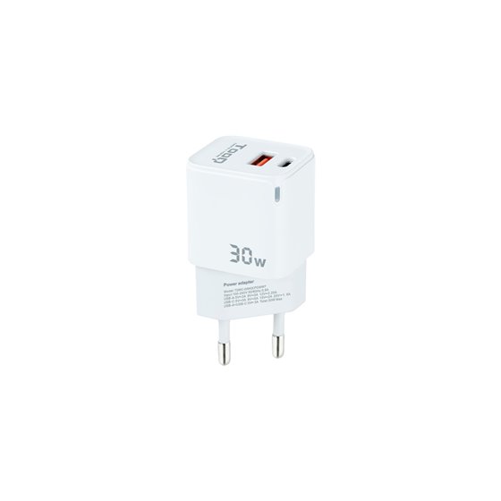 Cargador de Pared GaN USB-C/PD + USB-A/QC 30W, Blanco