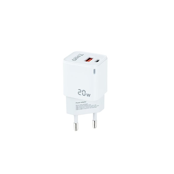 Cargador de Pared USB-C/PD + USB-A/QC 20W, Blanco