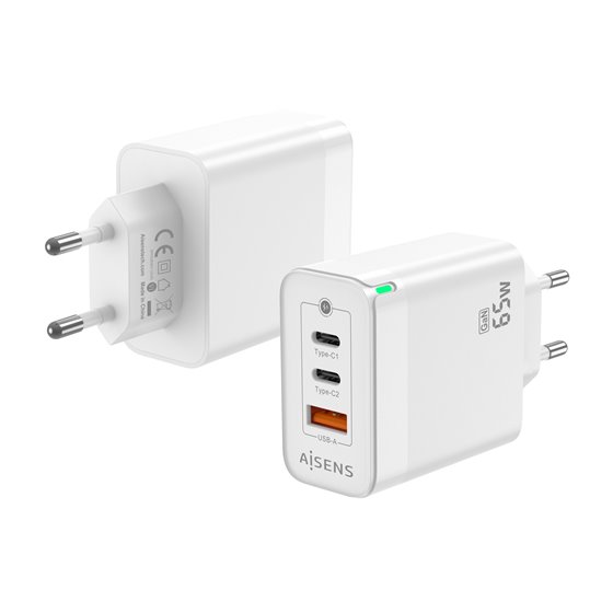 Cargador Gan 65W, 2xUSB-C PD3.0 QC4.0, 1xUSB-A QC3.0, Blanco