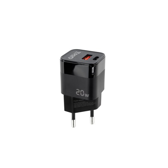 Cargador de Pared USB-C/PD + USB-A/QC 20W, Negro