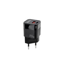 Cargador de Pared USB-C/PD + USB-A/QC 20W, Negro