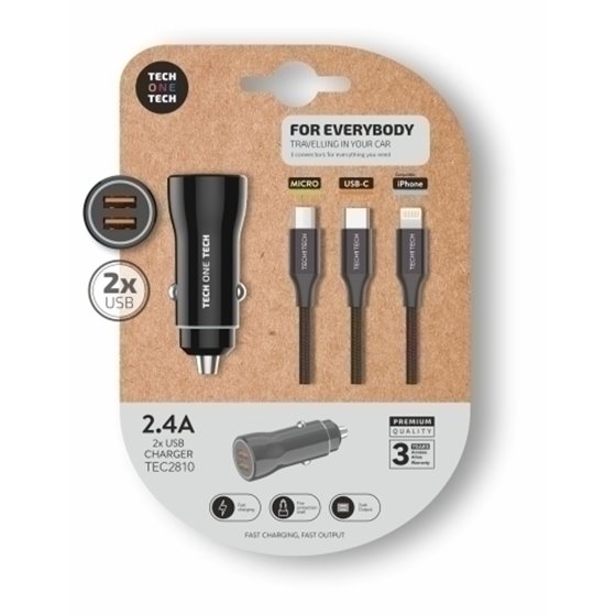 CARGADOR TECHONE DOBLE MECHERO NEGRO