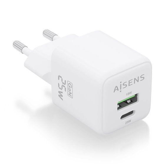 Cargador GaN 25W, 1xUSB-C PD3.0 QC4.0, 1xUSB-A QC3.0, Blanco