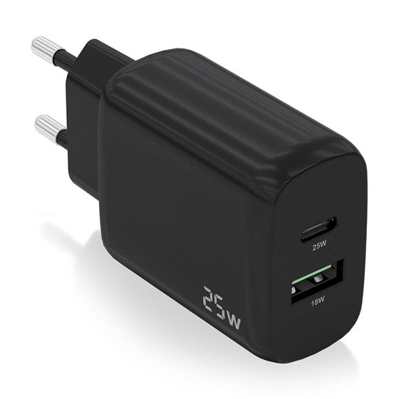 Cargador 25W, 1xUSB-C PD3.0, 1xUSB-A QC3.0, Negro