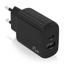 Cargador 25W, 1xUSB-C PD3.0, 1xUSB-A QC3.0, Negro