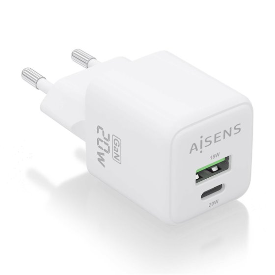 Cargador Gan 20W, 1xUSB-C PD3.0 QC4.0, 1xUSB-A QC3.0, Blanco