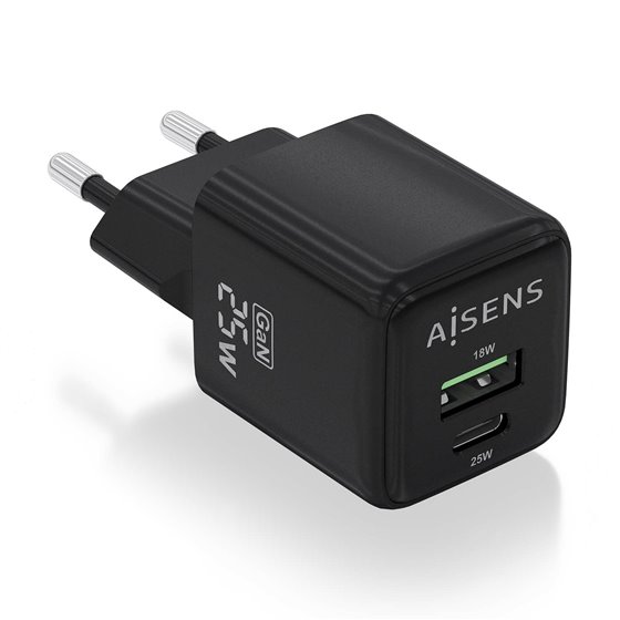 Cargador GaN 25W, 1xUSB-C PD3.0 QC4.0, 1xUSB-A QC3.0, Negro