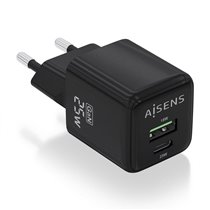 Cargador GaN 25W, 1xUSB-C PD3.0 QC4.0, 1xUSB-A QC3.0, Negro