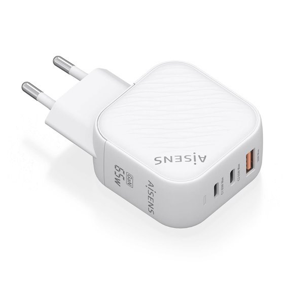 Cargador Gan 65W, 2xUSB-C PD3.0 QC4.0, 1xUSB-A QC3.0, Blanco