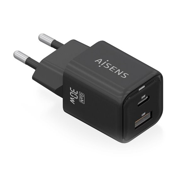 Cargador Gan 30W, 1xUSB-C PD3.0 QC4.0, 1xUSB-A QC3.0, Negro