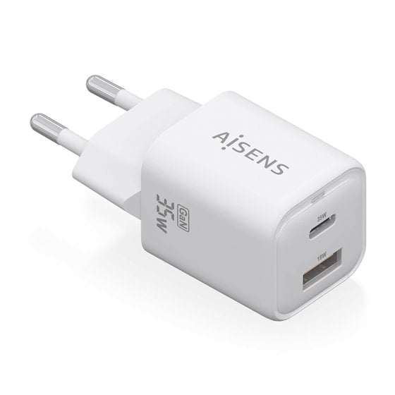 Cargador Gan 35W, 1xUSB-C PD3.0 QC4.0, 1xUSB-A QC3.0, Blanco