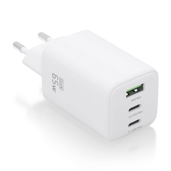 Cargador Gan 65W, 2xUSB-C PD3.0 QC4.0, 1xUSB-A QC3.0, Blanco