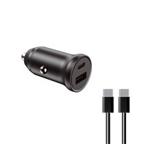 Cargador de coche , 20W, Carga rápida, Power Delivery, Multipuerto USB-C y USB-A + cable USB-C a USB-C, Negro