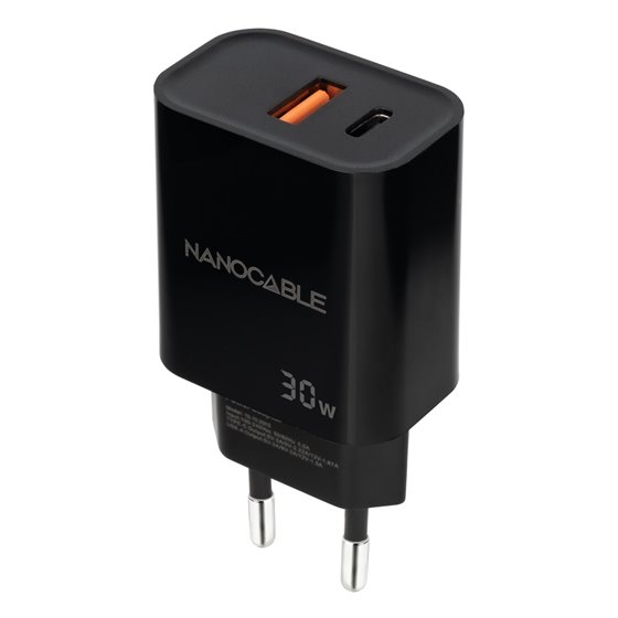 Cargador USB-C/PD + USB-A/QC 30W, Negro