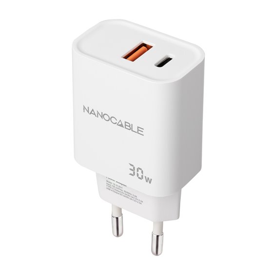 Cargador USB-C/PD + USB-A/QC 30W, Blanco