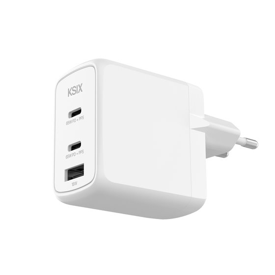 Cargador de red 65W, GaN, PPS, Power Delivery, Materiales sostenibles, 2 x USB-C + 1 x USB-A, Blanco
