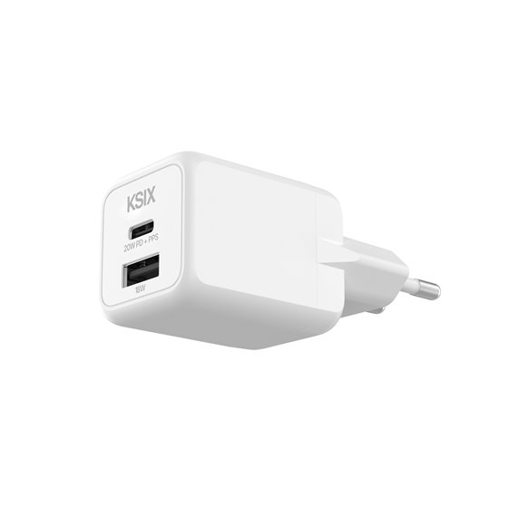 Cargador de red 20W, GaN, PPS, Power Delivery, Materiales sostenibles, 1 x USB-C + 1 x USB-A, Blanco