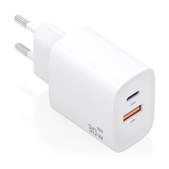 Cargador Gan 30W, 1xUSB-C PD3.0 QC4.0, 1xUSB-A QC3.0, Blanco
