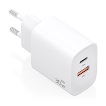 Cargador Gan 30W, 1xUSB-C PD3.0 QC4.0, 1xUSB-A QC3.0, Blanco